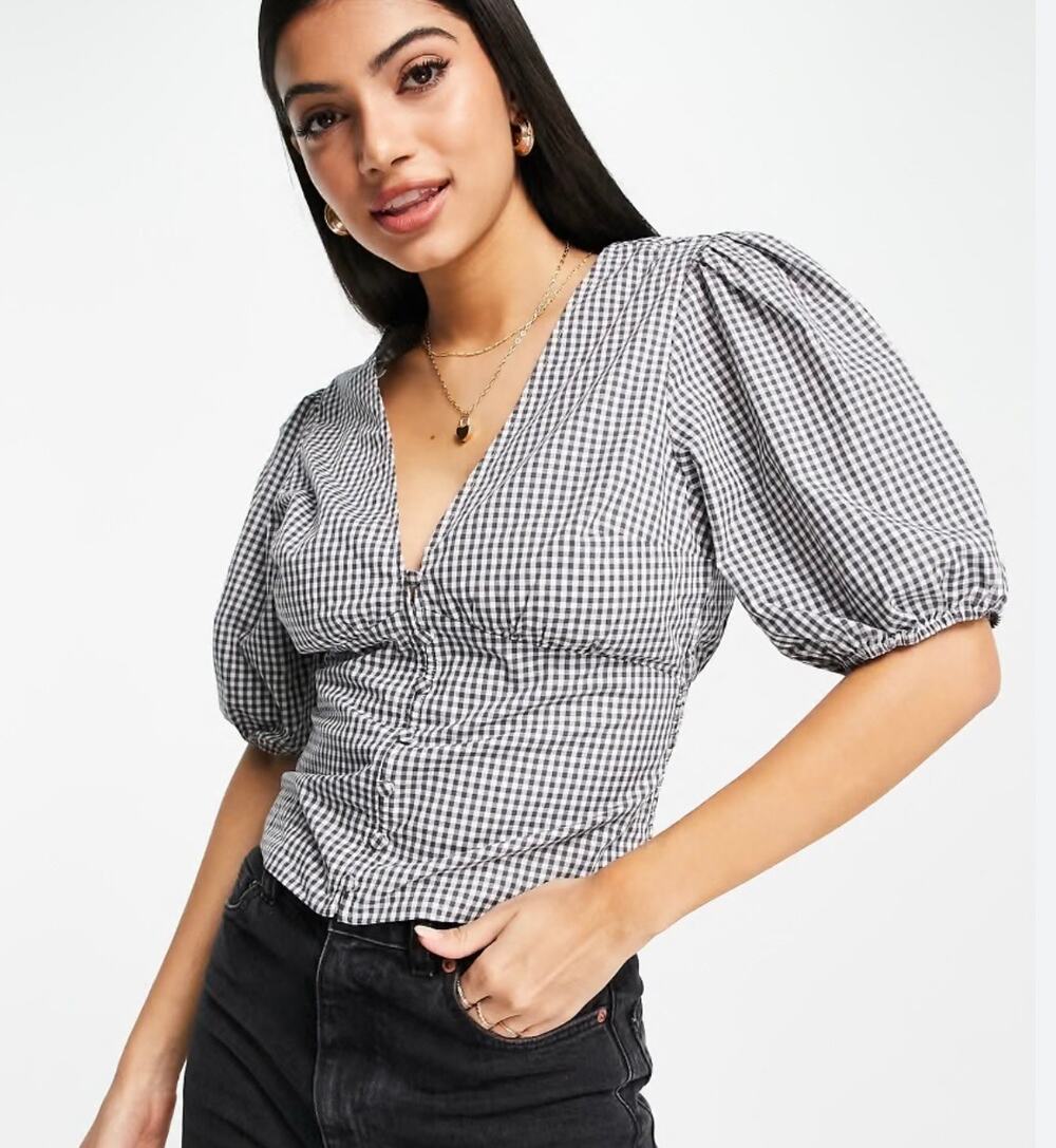 Abercrombie & Fitch Women Check Puff Sleeve V-Neck Blouse Black White Size Small